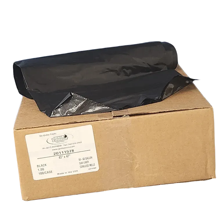 JaniSource 55-60 Gal 1.0 mil Heavy Duty Low Density Can Liners, 43" x 47", Black, Case of 100