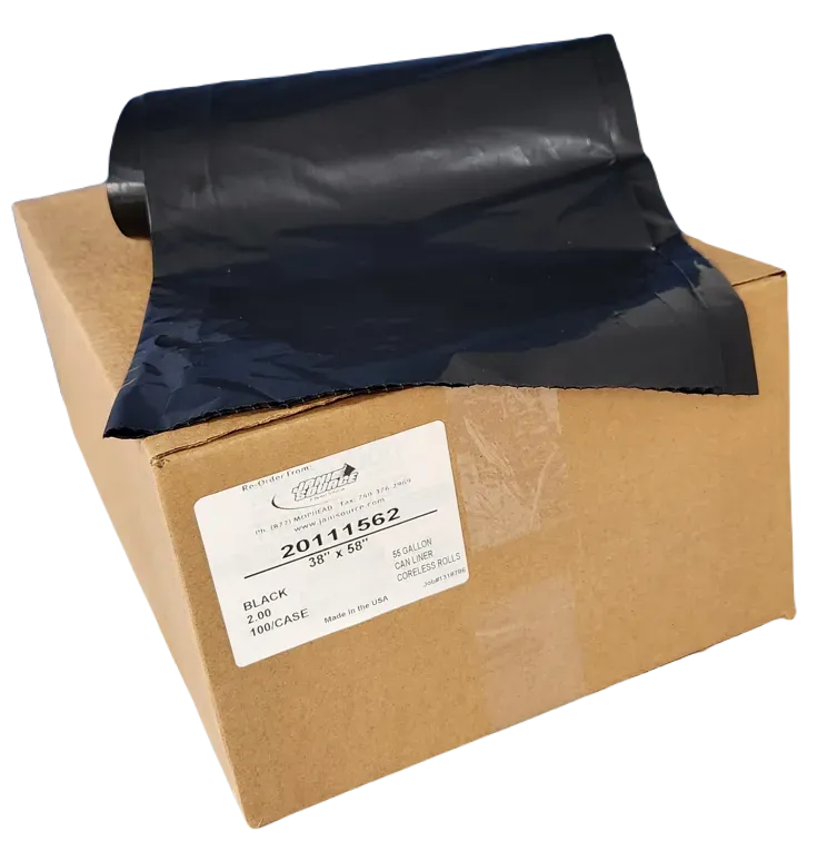 JaniSource 55-60 Gal 2.0 mil Heavy Duty Low Density Can Liners, 38" x 58", Black, Case of 100