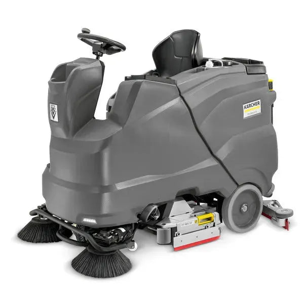 B 150 R Ride-On Scrubber, R 75 Cylindrical Scrub Deck, Traction Drive, Battery Powered, Shelf Charger, Dual Side Brushes