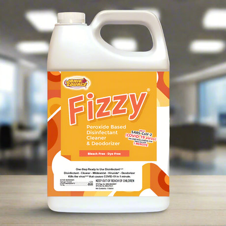 Fizzy peroxide-based disinfectant cleaner and deodorizer bottle with an office background