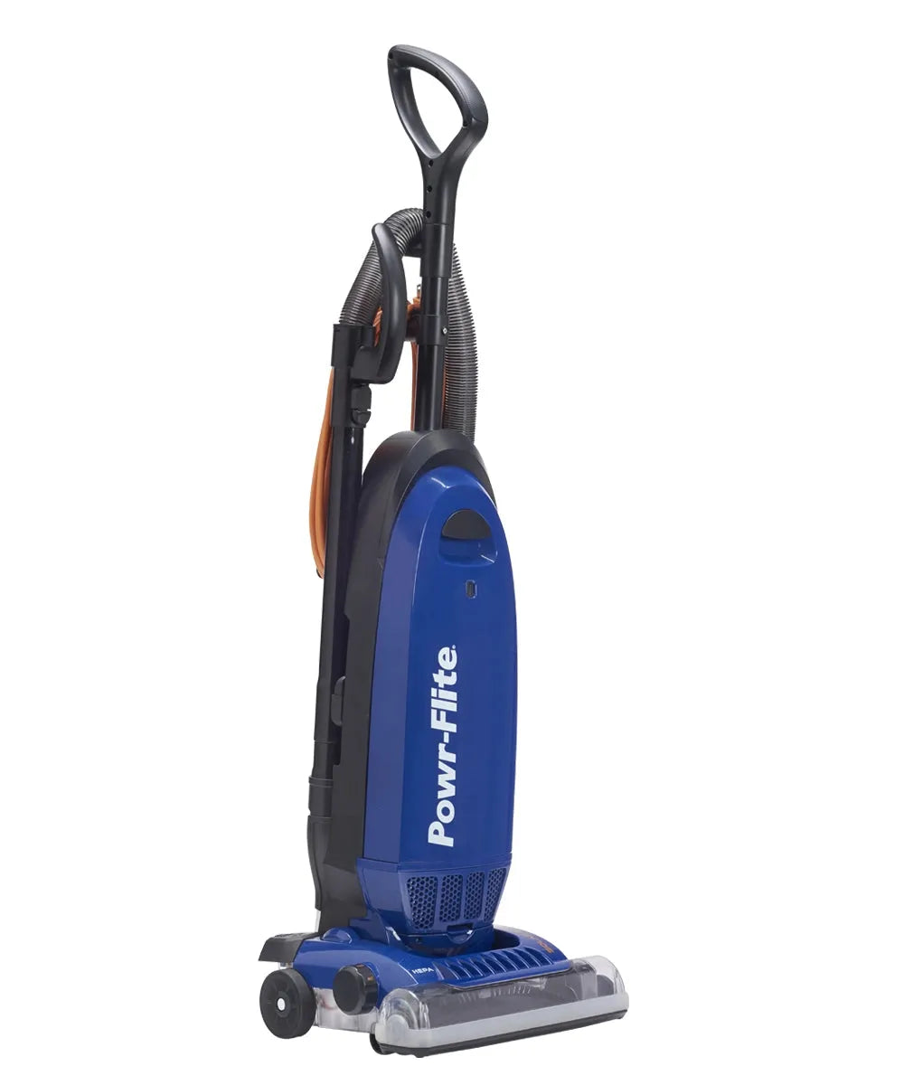 A Powr-Flite Solar Reach Upright Vacuum in blue color with black accents, featuring a carrying handle and onboards tools.