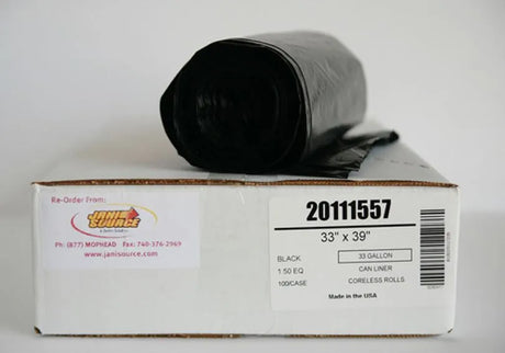 JaniSource 1.2 Mil 33 Gal Heavy Duty Low Density Municipal Can Liners, 33" x 39", Black - Case of 100