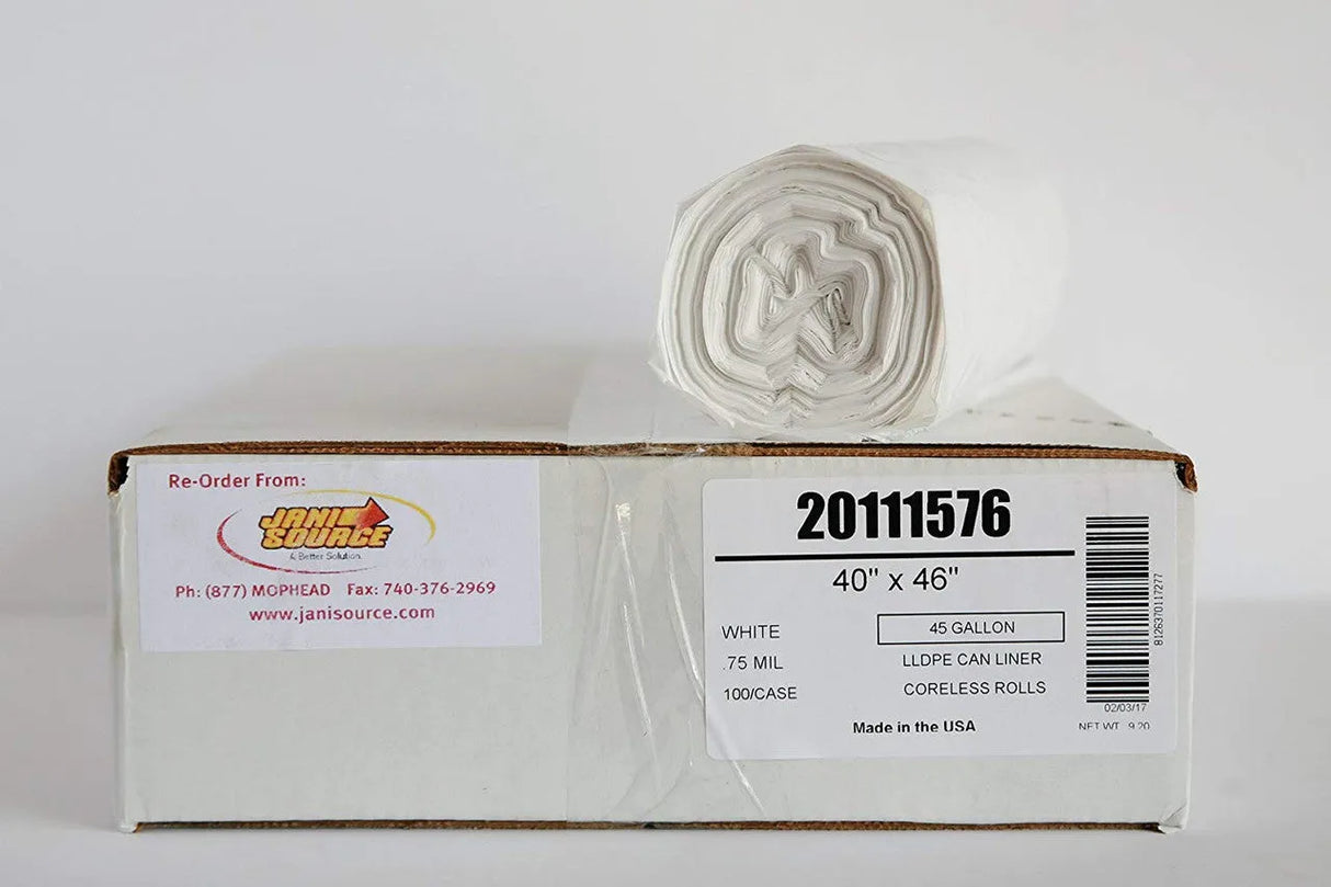 JaniSource 45 Gal .8 Mil Low Density Can Liner, 40" x 46", White - Case of 100