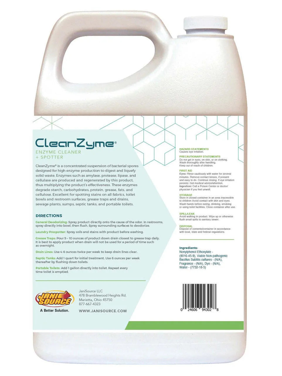 JaniSource CleanZyme - Enzyme Cleaner, Spotter & Odor Remover, 1 Gallon