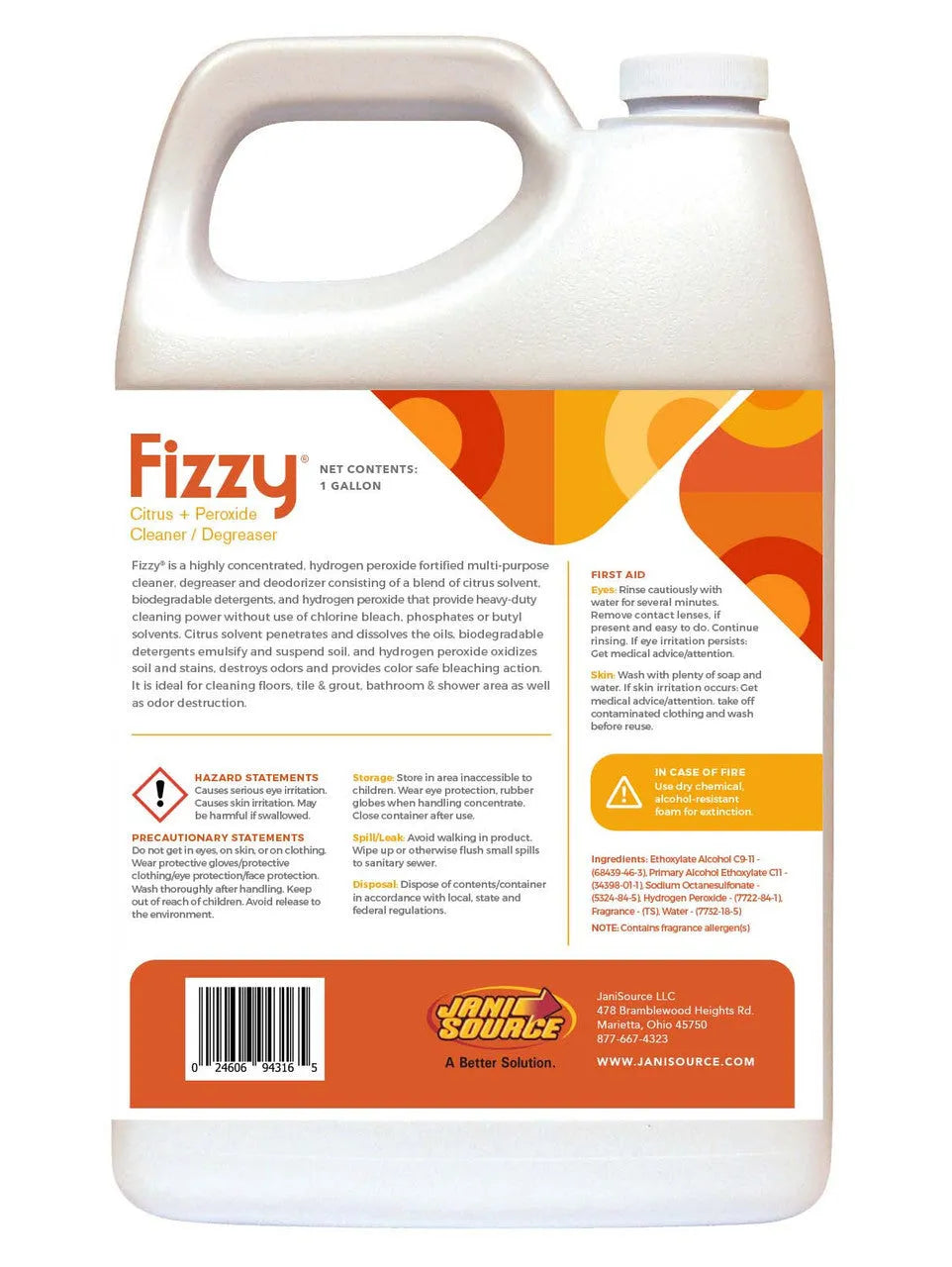 JaniSource Fizzy Peroxide Citrus Powered Cleaner Degreaser 1:64, 1 Gallon