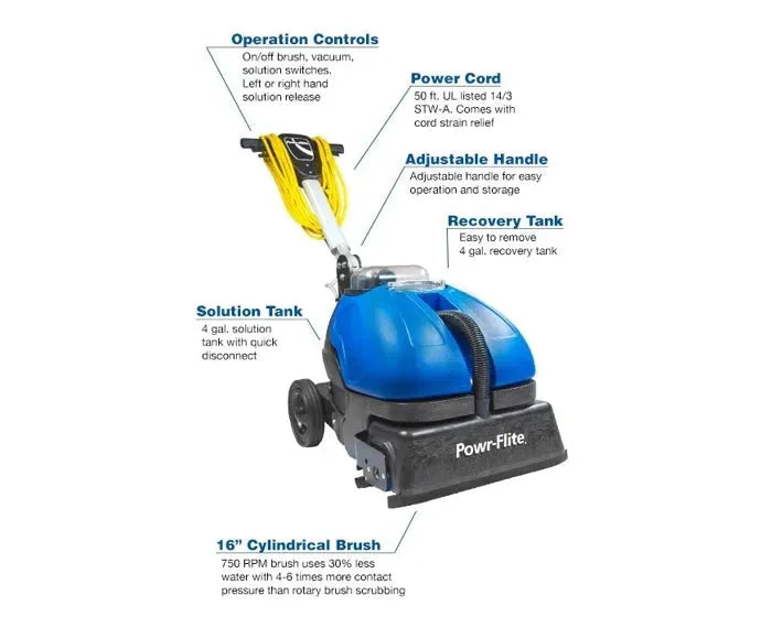 Powr-Flite 16" Compact Cylindrical Brush Floor Scrubber With Grout Cleaner (CAS16)