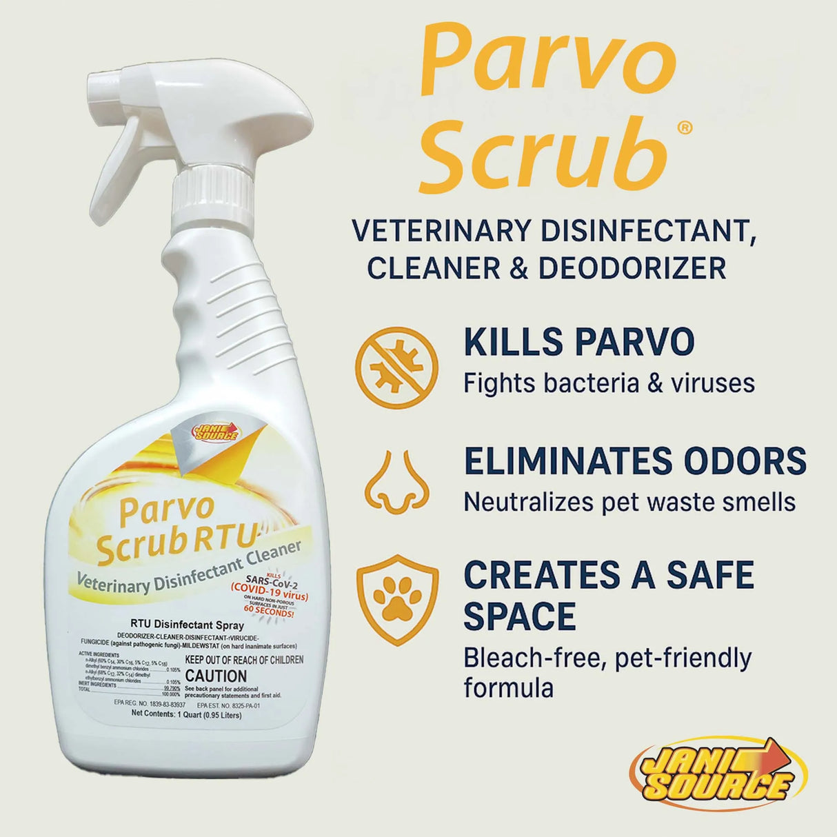 ParvoScrub RTU: Veterinary & Kennel Disinfectant, Cleaner, & Deodorizer, Kills Parvo, 1 Quart